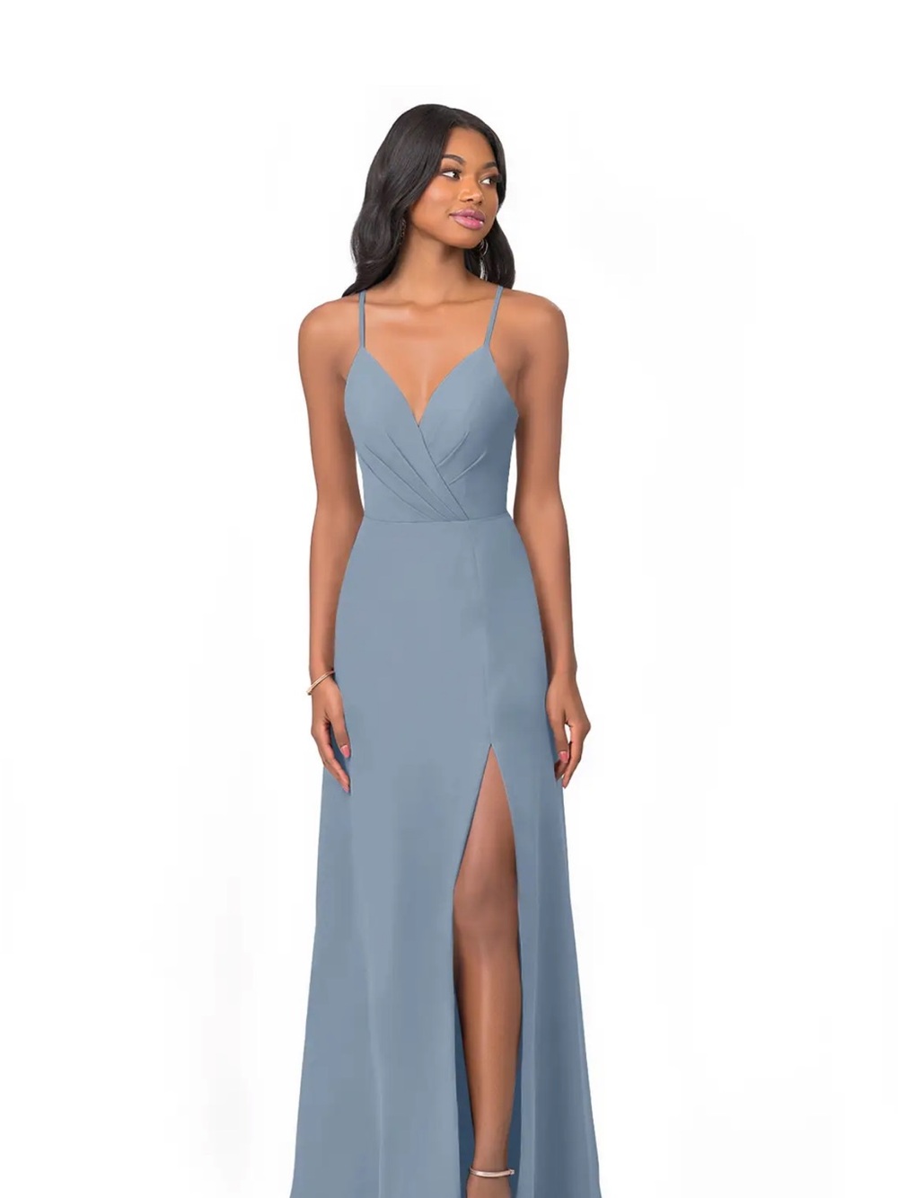 Azazie Everleigh Dusty Blue V-Neck Spaghetti Strap Evening Gown